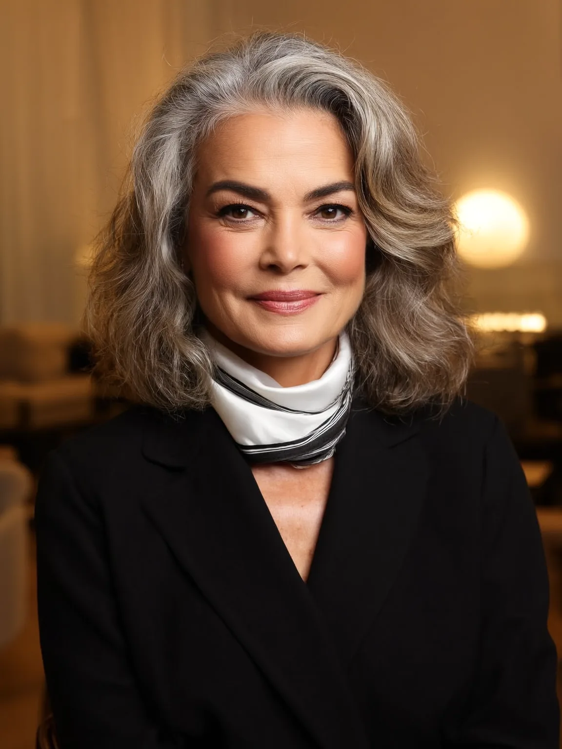 Voluminous Shoulder-Length Silver Frost Layers with Lowlights